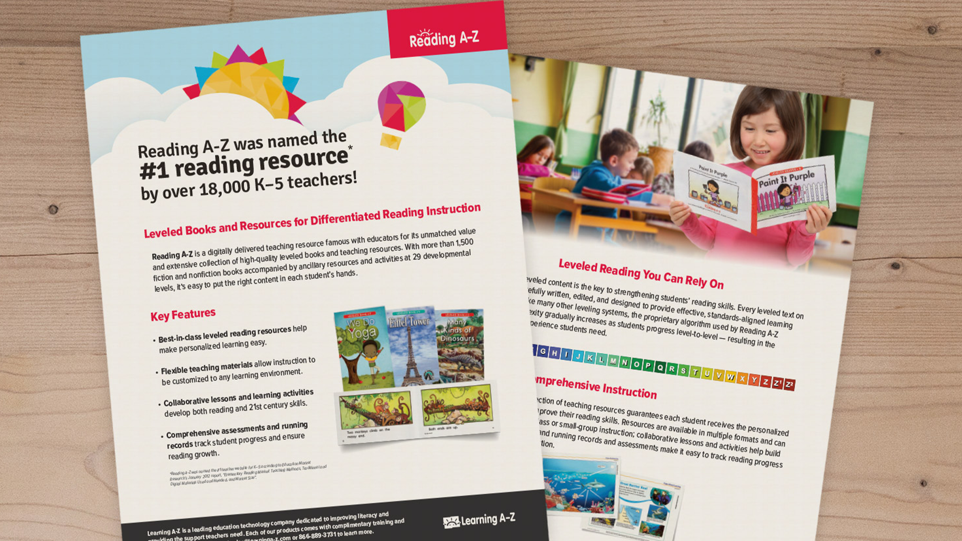 the front and back view of the Reading A-Z one sheet placed on a table