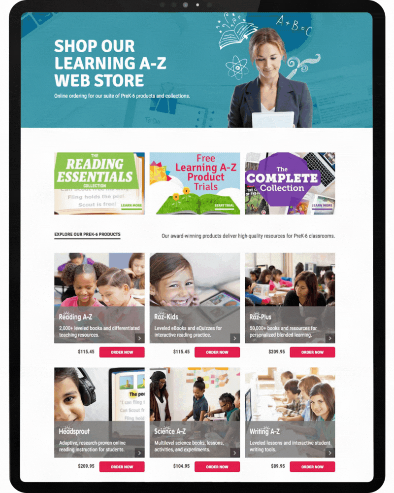 Animated GIF showing Learning A-Z store on a tablet scrolling through products and product bundles